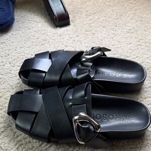 AEROSOLES Black Sandals with Metallic Buckle